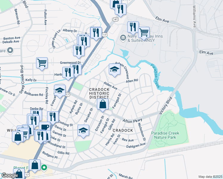 map of restaurants, bars, coffee shops, grocery stores, and more near 25 Alden Avenue in Portsmouth
