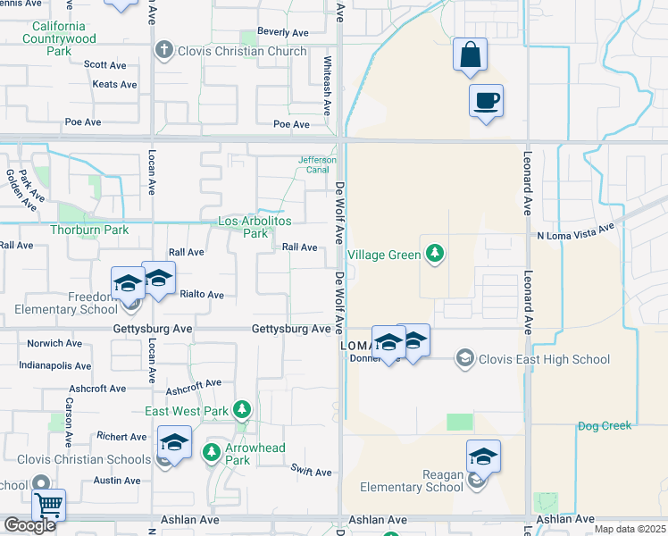 map of restaurants, bars, coffee shops, grocery stores, and more near 4111 San Gabriel Avenue in Clovis