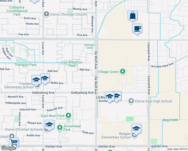 map of restaurants, bars, coffee shops, grocery stores, and more near 4051 San Gabriel Avenue in Clovis