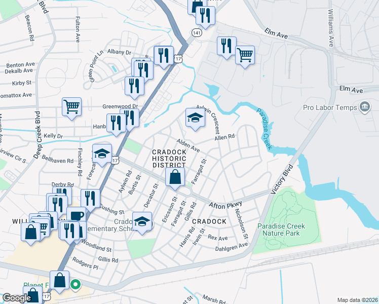 map of restaurants, bars, coffee shops, grocery stores, and more near 4 Prospect Parkway in Portsmouth