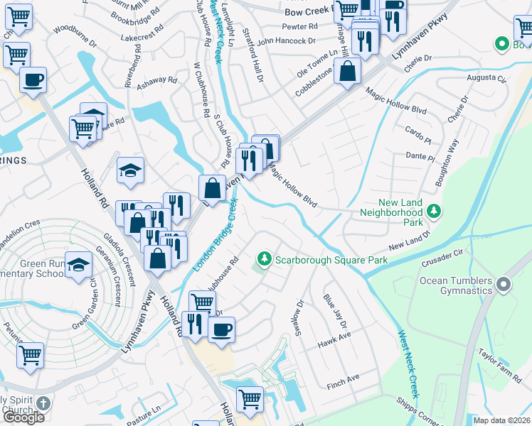 map of restaurants, bars, coffee shops, grocery stores, and more near 3133 Magic Hollow Boulevard in Virginia Beach