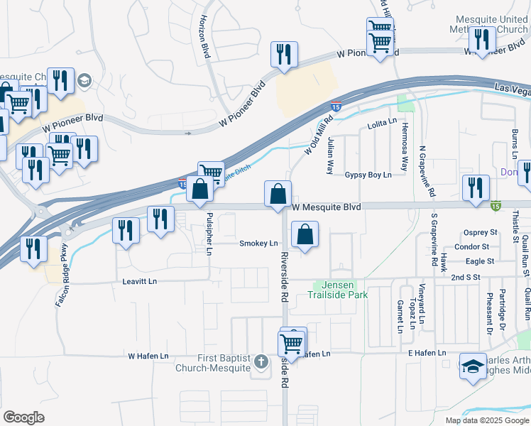 map of restaurants, bars, coffee shops, grocery stores, and more near 820 West Mesquite Boulevard in Mesquite
