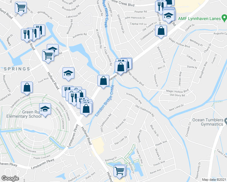map of restaurants, bars, coffee shops, grocery stores, and more near 1100 Creekside Court in Virginia Beach