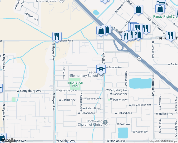 map of restaurants, bars, coffee shops, grocery stores, and more near 4722 North Rosendo Avenue in Fresno