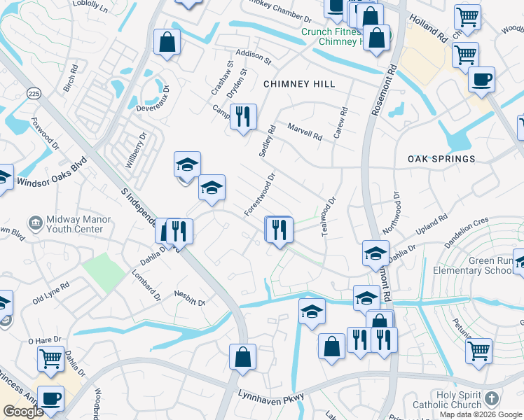 map of restaurants, bars, coffee shops, grocery stores, and more near 3848 Meadowbrook Court in Virginia Beach