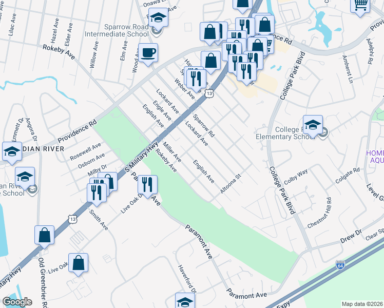 map of restaurants, bars, coffee shops, grocery stores, and more near 1940 English Avenue in Chesapeake