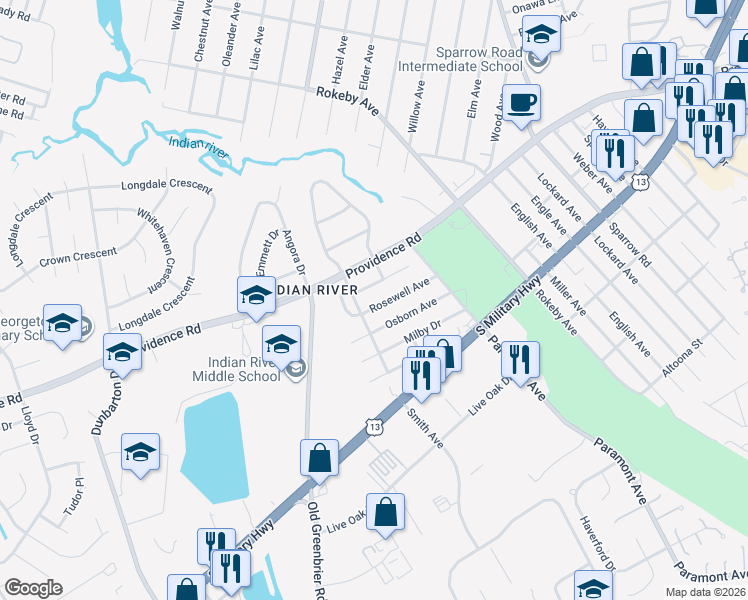 map of restaurants, bars, coffee shops, grocery stores, and more near 715 Bloom Avenue in Chesapeake