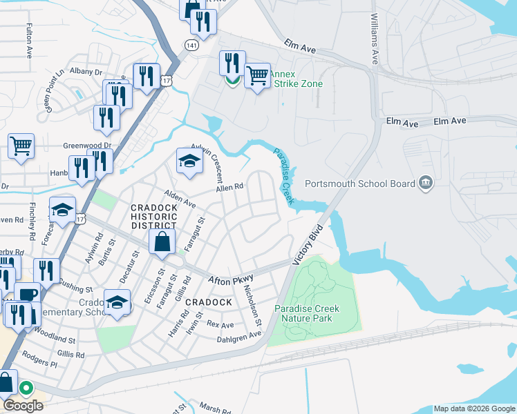 map of restaurants, bars, coffee shops, grocery stores, and more near 9 Gillis Road in Portsmouth