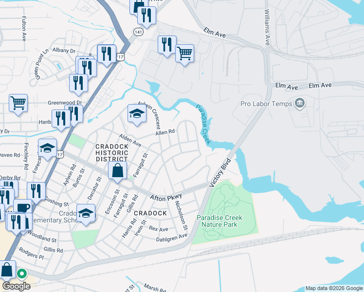 map of restaurants, bars, coffee shops, grocery stores, and more near 9 Gillis Road in Portsmouth