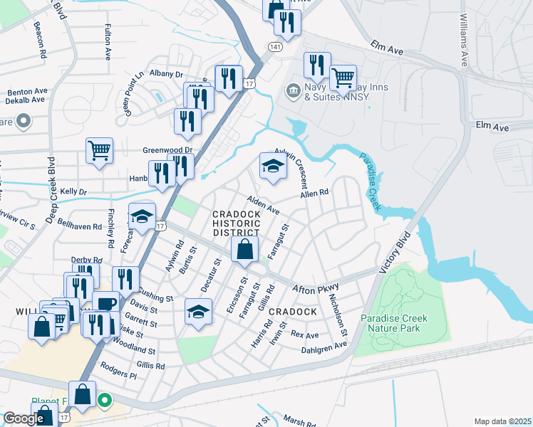 map of restaurants, bars, coffee shops, grocery stores, and more near 25 Alden Avenue in Portsmouth
