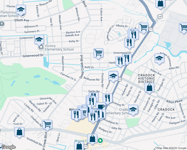 map of restaurants, bars, coffee shops, grocery stores, and more near in Portsmouth