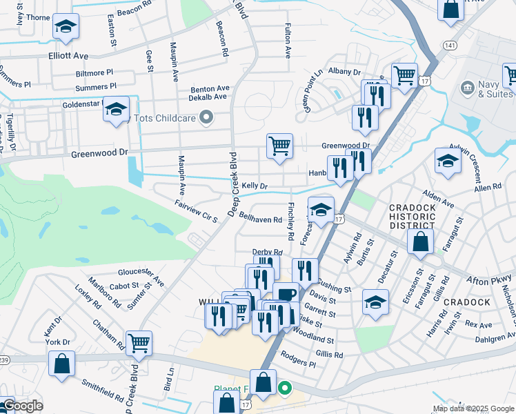 map of restaurants, bars, coffee shops, grocery stores, and more near 202 Ashburn Road in Portsmouth