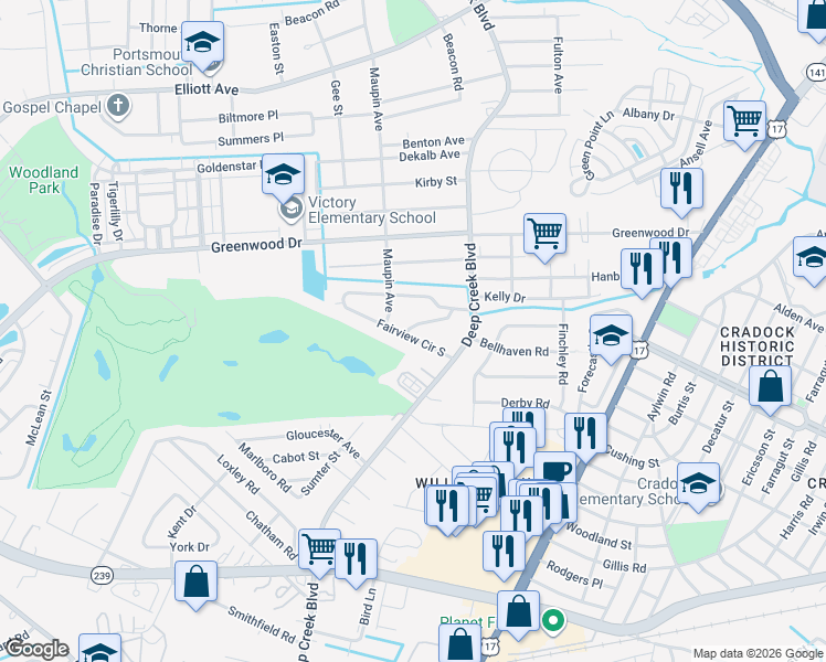 map of restaurants, bars, coffee shops, grocery stores, and more near 605 Maupin Avenue in Portsmouth
