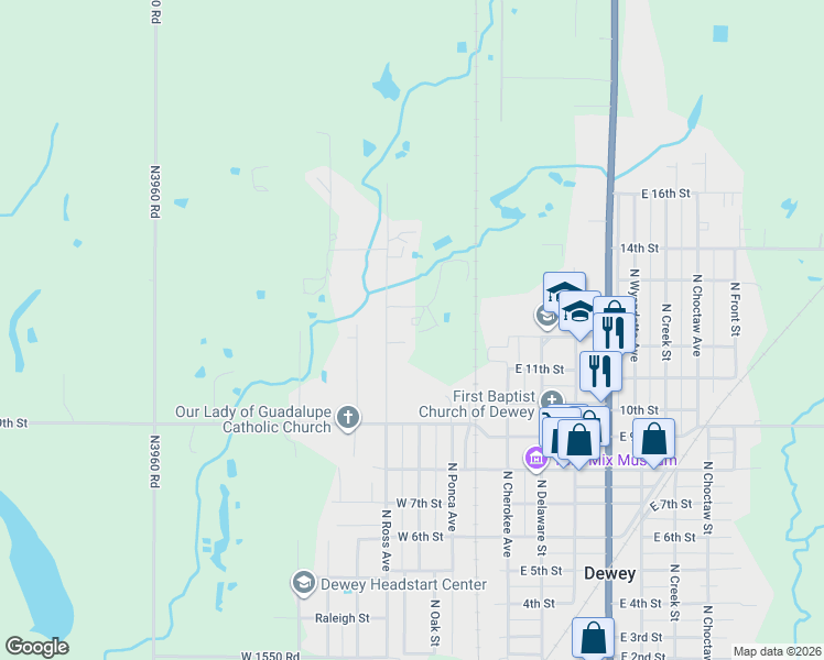 map of restaurants, bars, coffee shops, grocery stores, and more near 930 North Ross Avenue in Dewey