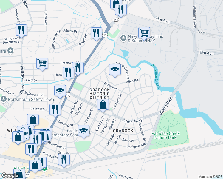 map of restaurants, bars, coffee shops, grocery stores, and more near 4 Prospect Parkway in Portsmouth