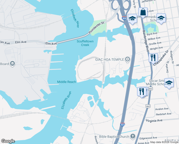 map of restaurants, bars, coffee shops, grocery stores, and more near 501 Barnes Road in Chesapeake