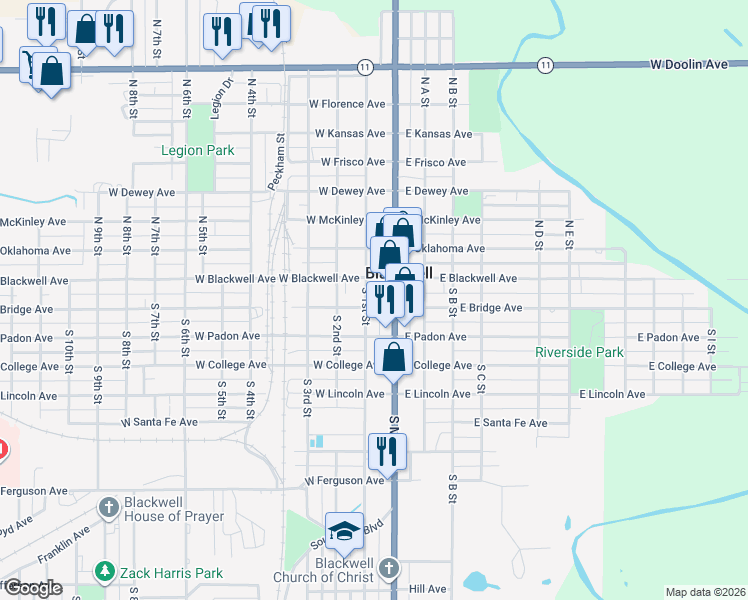 map of restaurants, bars, coffee shops, grocery stores, and more near 119 W Blackwell Ave in Blackwell