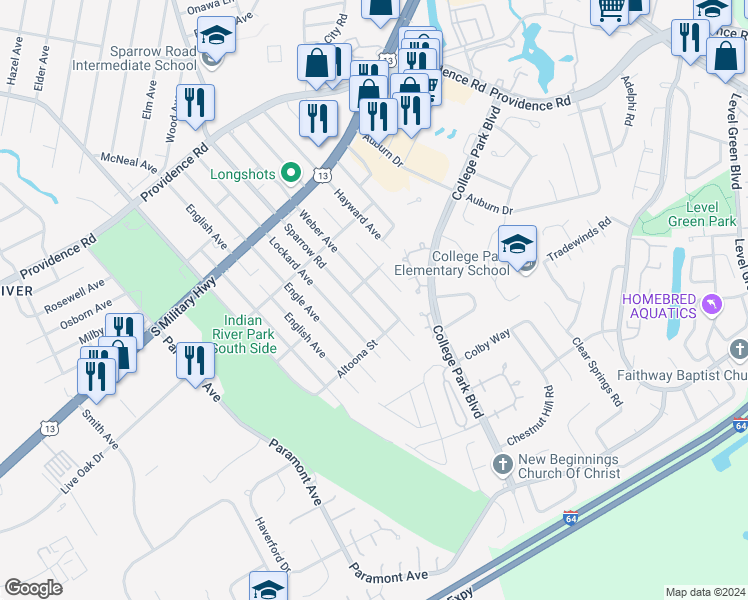 map of restaurants, bars, coffee shops, grocery stores, and more near 2113 Weber Avenue in Chesapeake