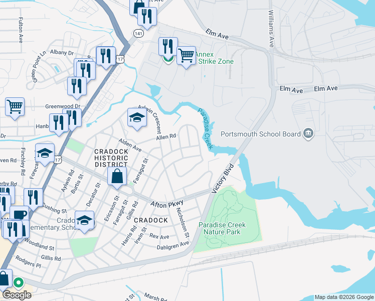 map of restaurants, bars, coffee shops, grocery stores, and more near 9 Gillis Road in Portsmouth