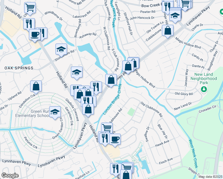 map of restaurants, bars, coffee shops, grocery stores, and more near 1104 Lynnhaven Parkway in Virginia Beach