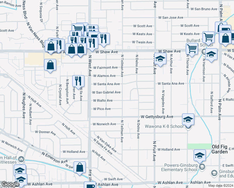 map of restaurants, bars, coffee shops, grocery stores, and more near 921 West San Gabriel Avenue in Fresno