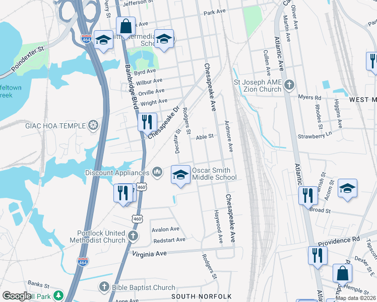 map of restaurants, bars, coffee shops, grocery stores, and more near 2219 Rodgers Street in Chesapeake