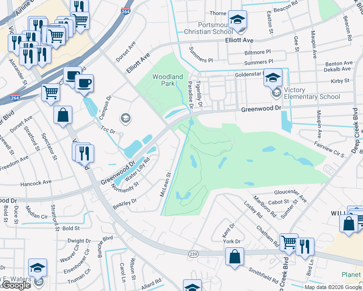 map of restaurants, bars, coffee shops, grocery stores, and more near 519 McLean Street in Portsmouth