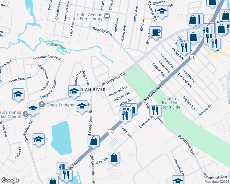 map of restaurants, bars, coffee shops, grocery stores, and more near 712 Rosewell Avenue in Chesapeake