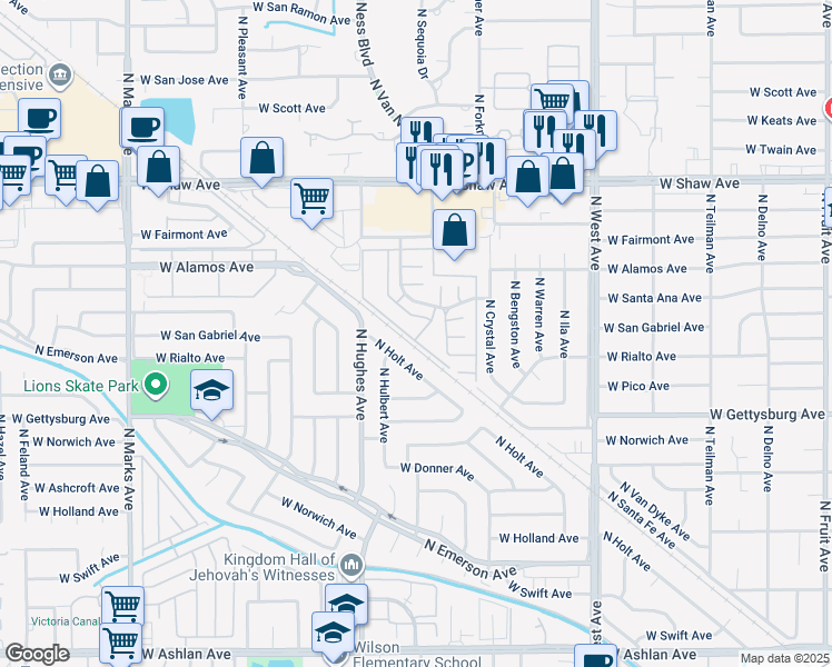 map of restaurants, bars, coffee shops, grocery stores, and more near 1935 West Santa Ana Avenue in Fresno