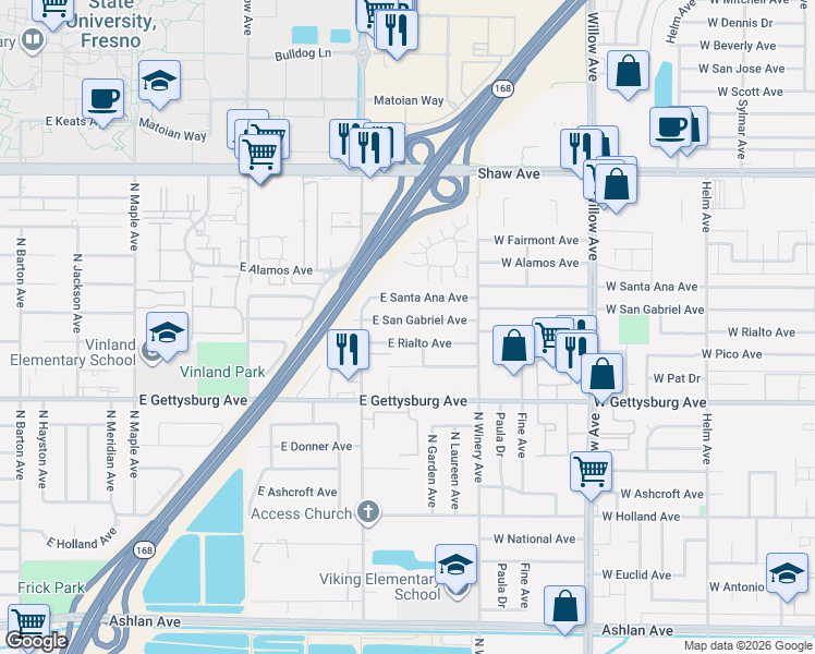 map of restaurants, bars, coffee shops, grocery stores, and more near 4841 East San Gabriel Avenue in Fresno