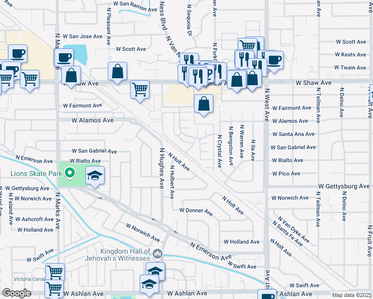 map of restaurants, bars, coffee shops, grocery stores, and more near 1925 West Santa Ana Avenue in Fresno