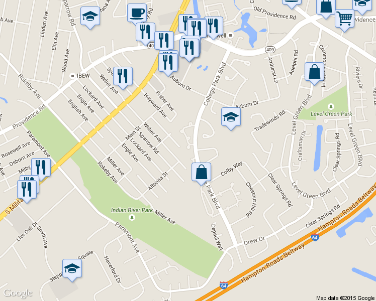 map of restaurants, bars, coffee shops, grocery stores, and more near 6472 Duquesne Place in Virginia Beach