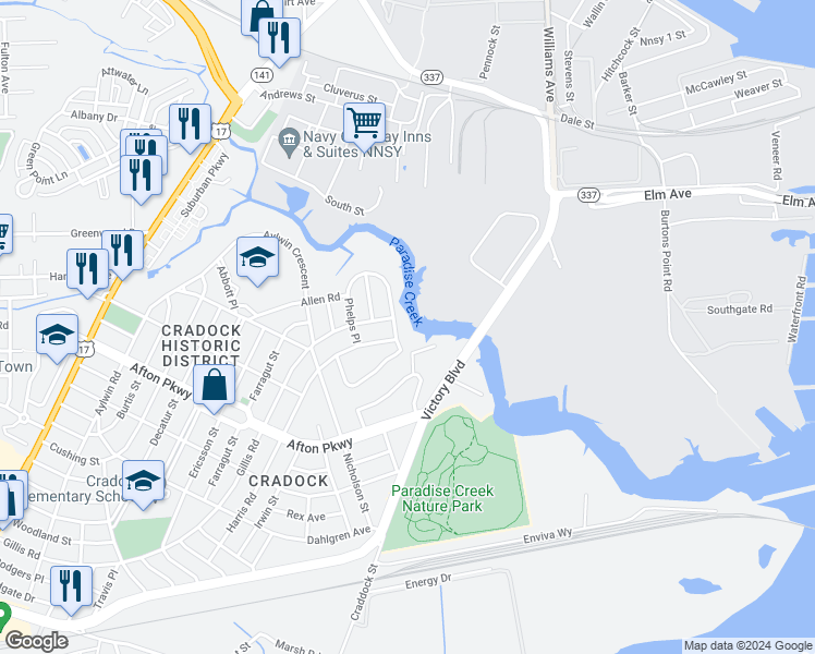 map of restaurants, bars, coffee shops, grocery stores, and more near 1 Gillis Road in Portsmouth