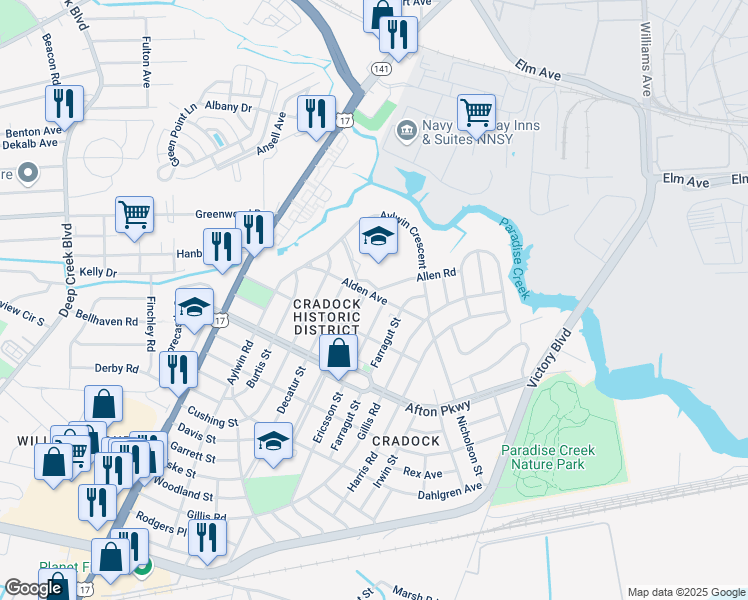 map of restaurants, bars, coffee shops, grocery stores, and more near 25 Alden Avenue in Portsmouth