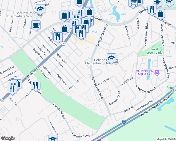 map of restaurants, bars, coffee shops, grocery stores, and more near 6472 Duquesne Place in Virginia Beach