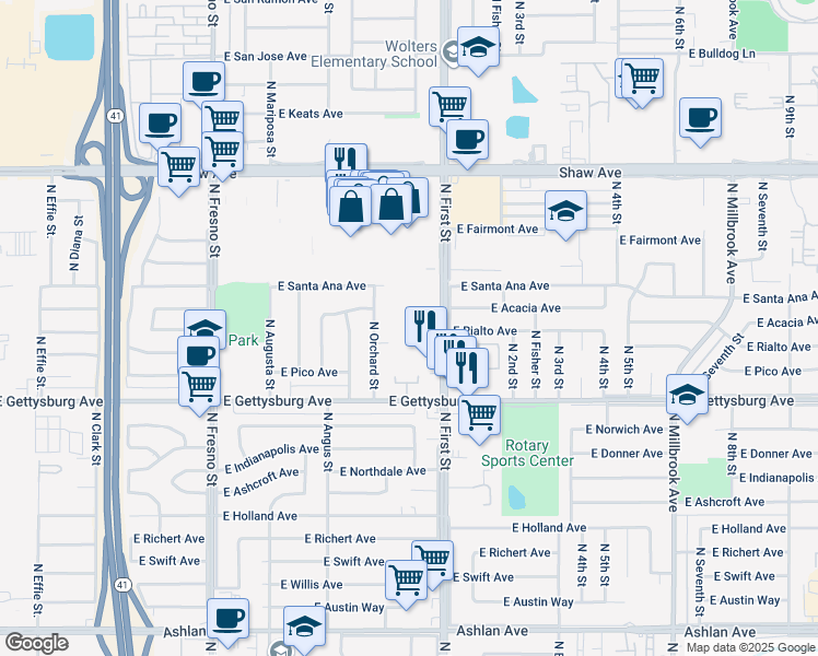 map of restaurants, bars, coffee shops, grocery stores, and more near 4747 North First Street in Fresno