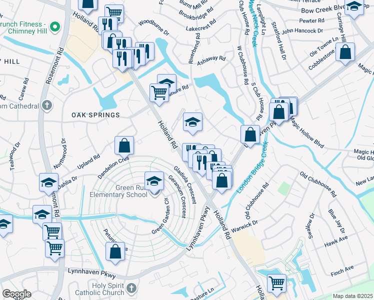 map of restaurants, bars, coffee shops, grocery stores, and more near 3340 Holland Road in Virginia Beach
