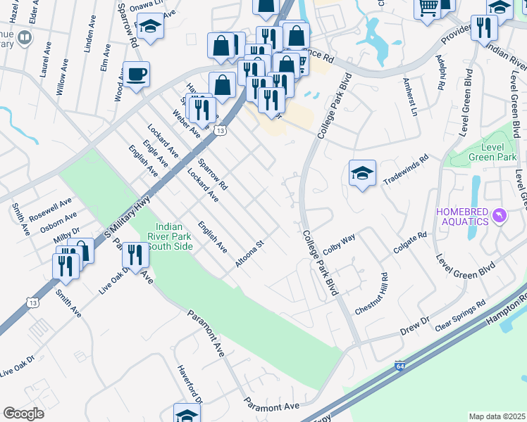 map of restaurants, bars, coffee shops, grocery stores, and more near 2113 Weber Avenue in Chesapeake