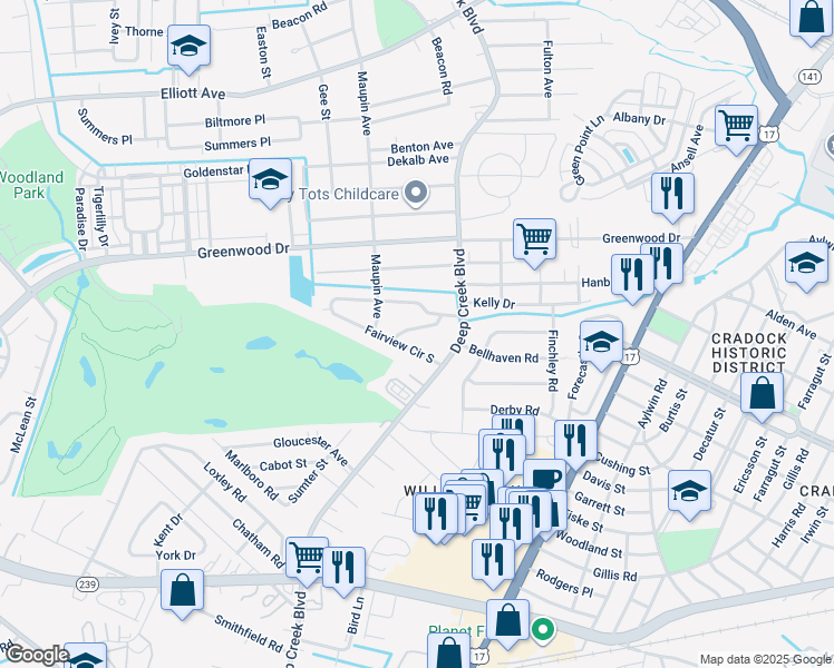 map of restaurants, bars, coffee shops, grocery stores, and more near 611 Fairview Lane in Portsmouth