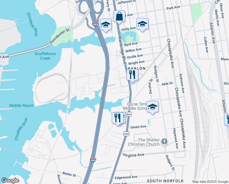 map of restaurants, bars, coffee shops, grocery stores, and more near 624 Beech Street in Chesapeake