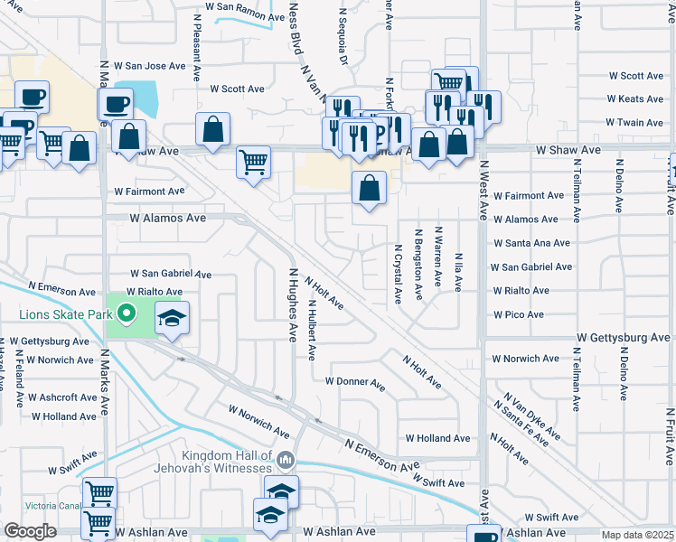 map of restaurants, bars, coffee shops, grocery stores, and more near 1925 West Santa Ana Avenue in Fresno