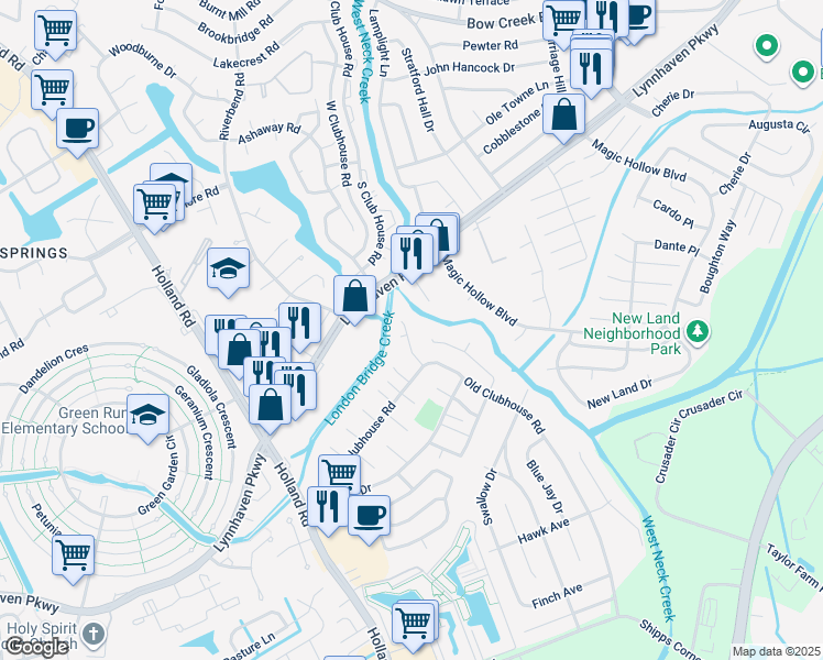 map of restaurants, bars, coffee shops, grocery stores, and more near 3244 Creekside Drive in Virginia Beach