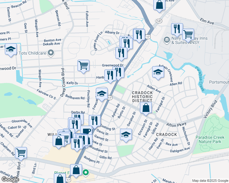 map of restaurants, bars, coffee shops, grocery stores, and more near 4125 George Washington Highway in Portsmouth