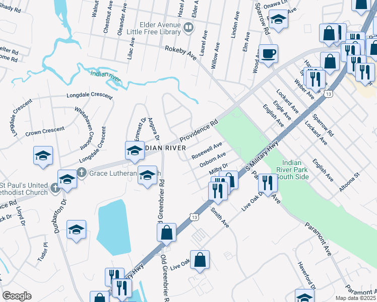 map of restaurants, bars, coffee shops, grocery stores, and more near 703 Bloom Avenue in Chesapeake