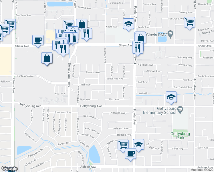 map of restaurants, bars, coffee shops, grocery stores, and more near 1561 Rall Avenue in Clovis