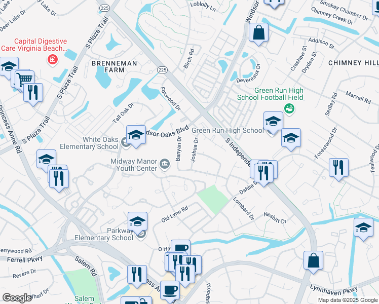 map of restaurants, bars, coffee shops, grocery stores, and more near 933 Joshua Drive in Virginia Beach