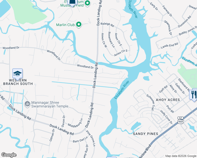 map of restaurants, bars, coffee shops, grocery stores, and more near 3913 Whites Landing in Chesapeake