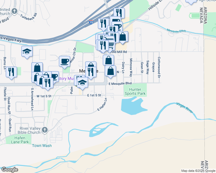 map of restaurants, bars, coffee shops, grocery stores, and more near 200 East Mesquite Boulevard in Mesquite