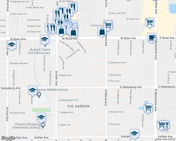 map of restaurants, bars, coffee shops, grocery stores, and more near 4737 North Wishon Avenue in Fresno