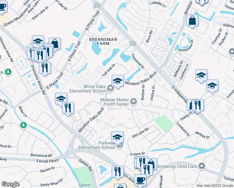 map of restaurants, bars, coffee shops, grocery stores, and more near 960 Windsor Oaks Boulevard in Virginia Beach